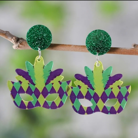 I'll Try & Restock Mardi Gras Mask Earrings Colorful Carnival - Picture 3 of 10